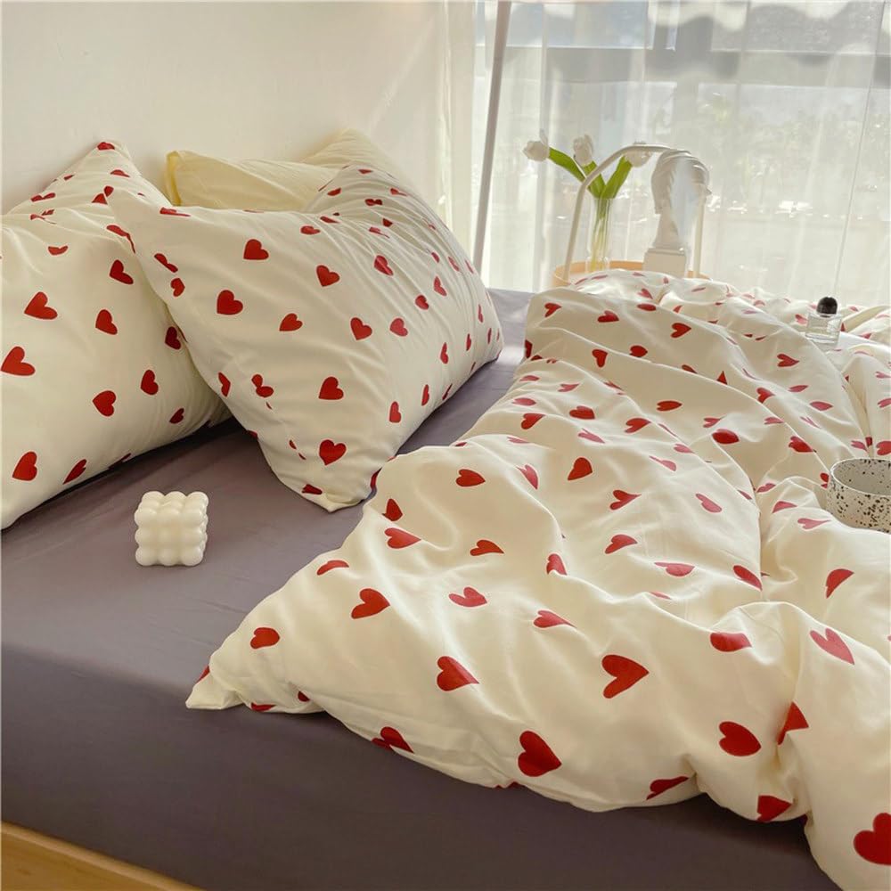 Heart Duvet Cover Queen Red Love Heart Minimalist Design Bedding Set Modern Small Heart Pattern Reversible Comforter Cover Romantic Simple Home Decor Bedding for Men Women,White,Full, Full(200x229cm)