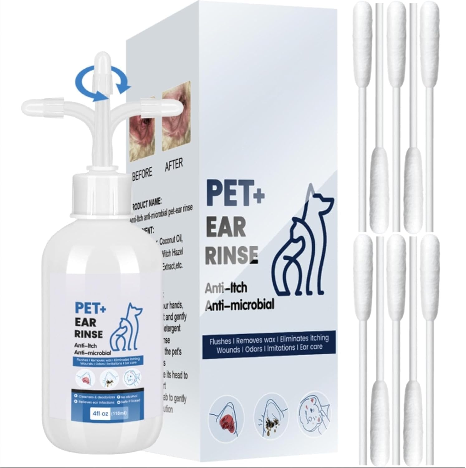 Dog Ear Cleaner - Dog Ear Inflammation Therapy with 0.012% Hypochlorous Acid for Itch Relief, Soothe Ear Inflammation, Removes Wax, Odor, with 30 Cotton Swabs, 4 Fl oz