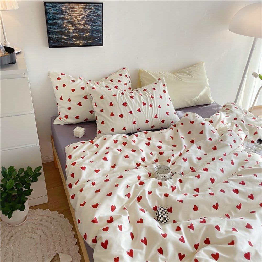 Heart Duvet Cover Queen Red Love Heart Minimalist Design Bedding Set Modern Small Heart Pattern Reversible Comforter Cover Romantic Simple Home Decor Bedding for Men Women,White,Full, Full(200x229cm)