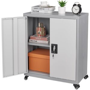 LUCYPAL Garage Storage Cabinet with Lockable Doors, Metal Storage Cabinet with Adjustable Shelf, Tool Cabinet with Wheels for Garage Office Home, Kitchen,Living Room,Grey