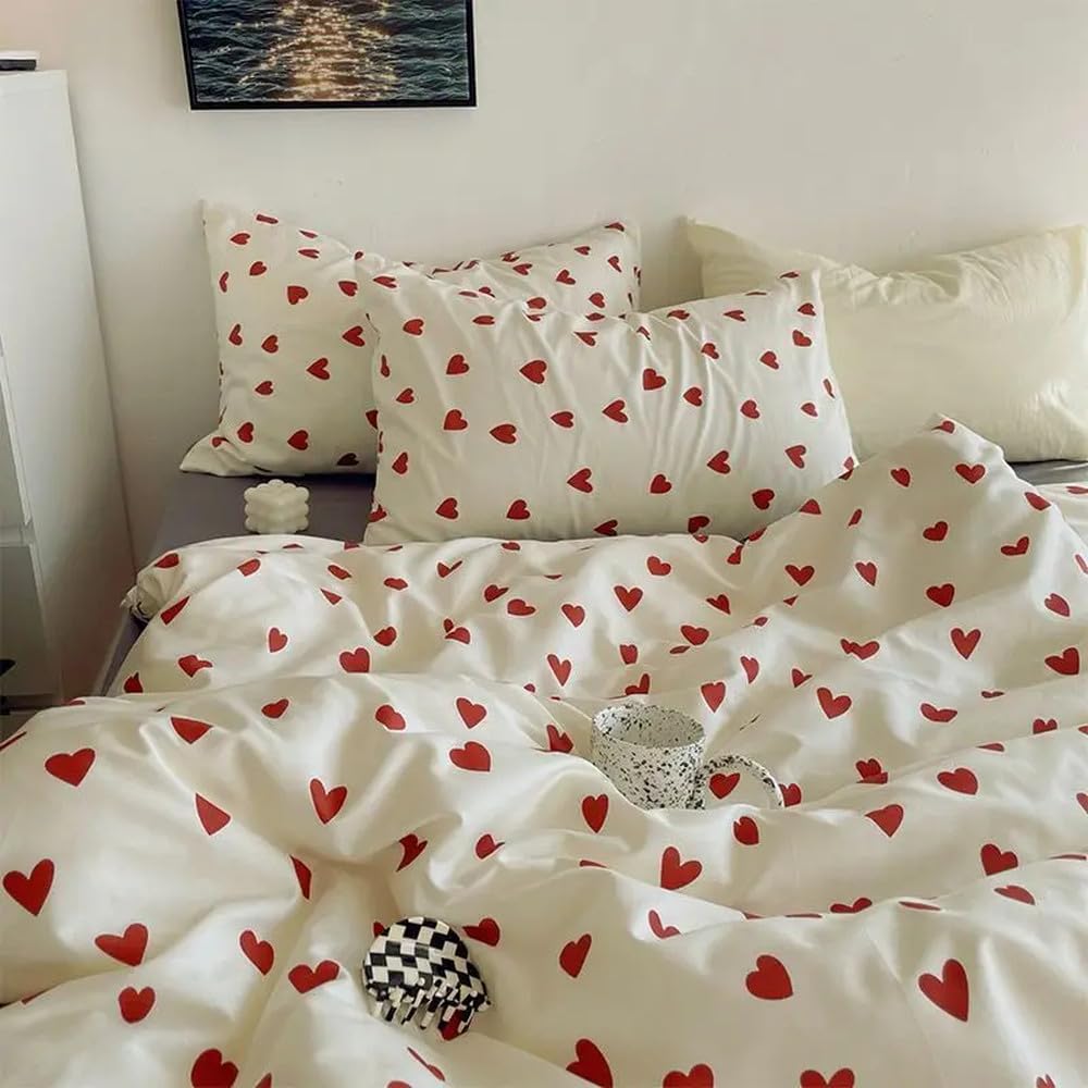 Heart Duvet Cover Queen Red Love Heart Minimalist Design Bedding Set Modern Small Heart Pattern Reversible Comforter Cover Romantic Simple Home Decor Bedding for Men Women,White,Full, Full(200x229cm)