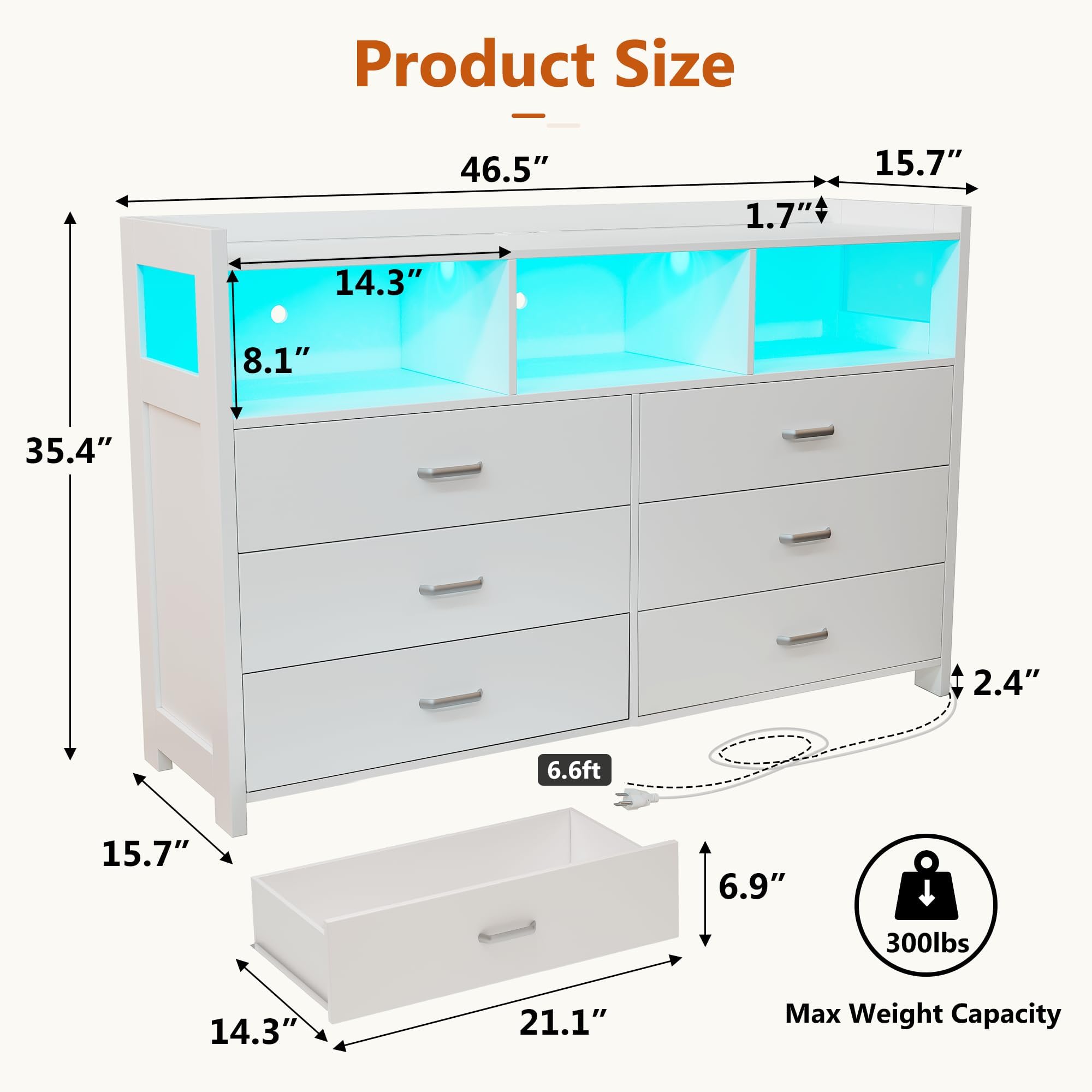 Alohappy 6 Drawer Dresser for Bedroom, LED Dresser Chest of Drawers with Power Outlets, Modern White Dresser for Bedroom, Living Room, Entryway, Hallway