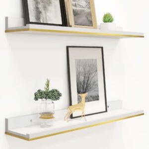 Sivapleso Floating Shelves for Wall, 24 Inches Long White and Gold Floating Shelves Modern Picture Ledge Hanging Wall Shelves Set of 2