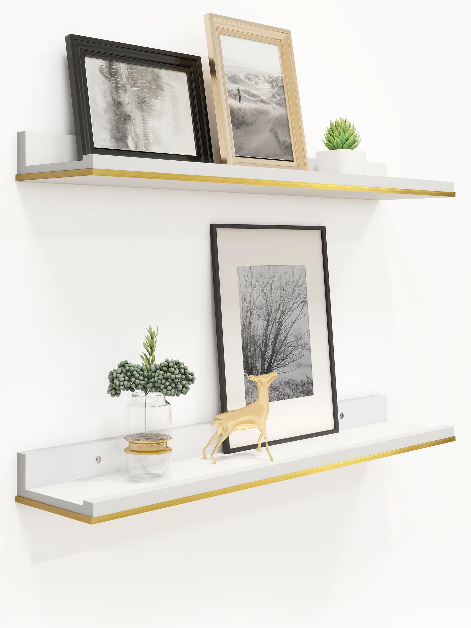 Sivapleso Floating Shelves for Wall, 24 Inches Long White and Gold Floating Shelves Modern Picture Ledge Hanging Wall Shelves Set of 2