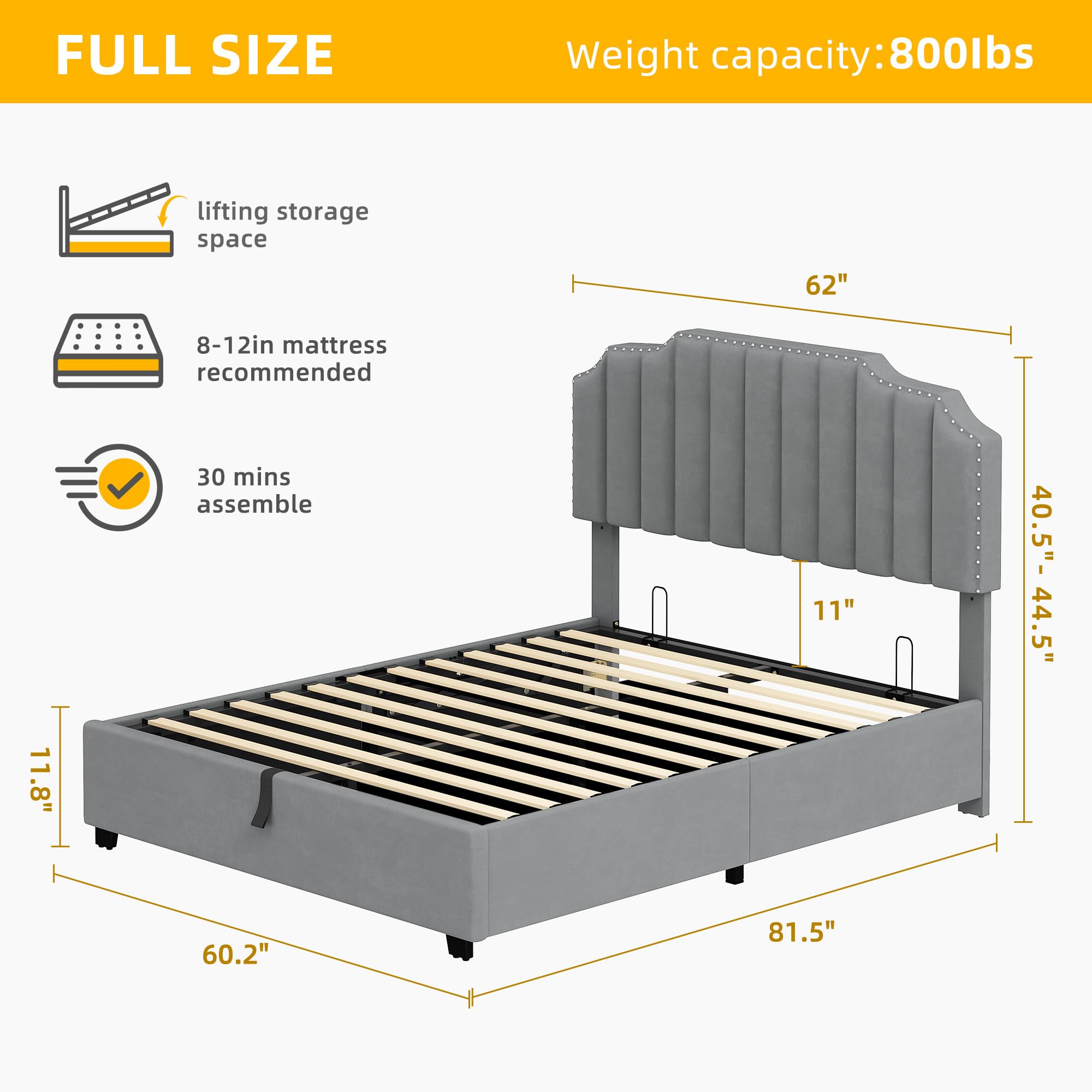 DWVO Full Size Lift Up Storage Bed Frame with Adjustable Upholstered Platform Headboard, Sturdy Wood Slats & Metal Base Support, Noise-Free No Box Spring Needed, Fast Assembly, Velvet, Grey