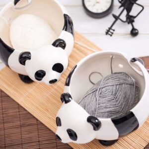 JOROBURO Panda Ceramic Yarn Bowl Knitting Bowl, Knitting Yarn Ball Holder Handmade Craft Knitting Bowl, Yarn Storage Bowl with Holes, Crocheting Accessories for Christmas Day Needlecrafts(#1)