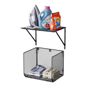 1 pack laundry room shelf organization and storage, wall mounted clothes drying rack with mesh basket over washer and dryer,large capacity wall shelf for bathroom,kitchen,storeroom (black, l)