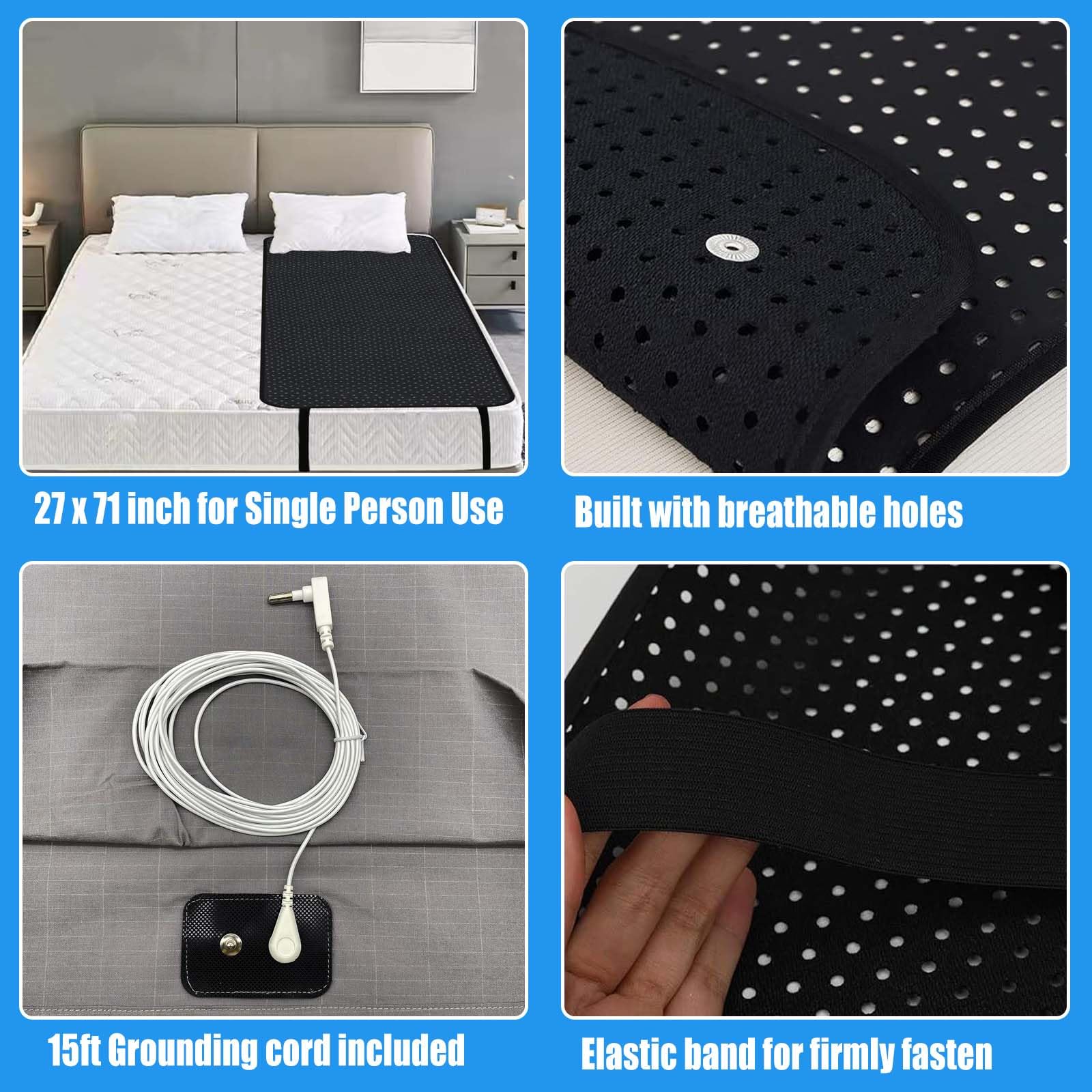 Grounding Mat for Bed, 27 x 71 Inch Breathable Grounding Mattress Cover Pad Grounding Mats for Improved Sleep & Wellness, Pain Relief, Energy, Inflammation, Includes Grounding Cord