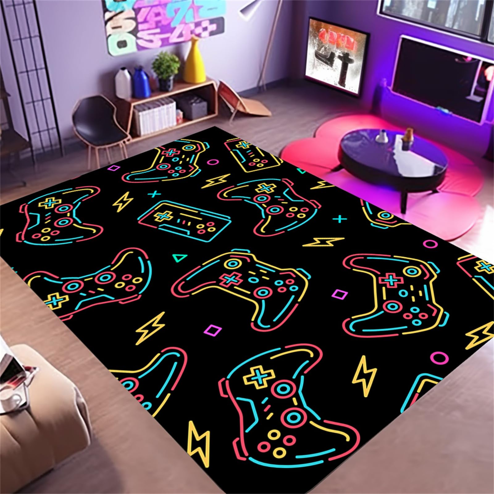 Osimiccp Gaming Rug for Boys Room,3'x5' Non Slip Neon Gamer Rug,3D Printed PlayStation Rug for Bedroom Living Room Gaming Room Decor