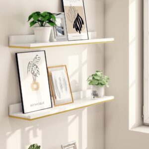 Sivapleso Floating Shelves for Wall, 24 Inches Long White and Gold Floating Shelves Modern Picture Ledge Hanging Wall Shelves Set of 2