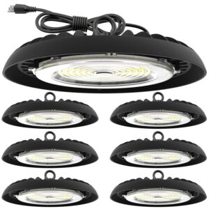 sunco 6 pack ufo led high bay light, plug & play lighting for warehouse, 5000k daylight, 200w, power cord included, 28000 lm, 120vac, ip65 waterproof shatterproof fixture - ul listed