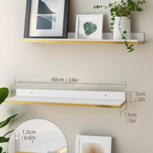 Sivapleso Floating Shelves for Wall, 24 Inches Long White and Gold Floating Shelves Modern Picture Ledge Hanging Wall Shelves Set of 2