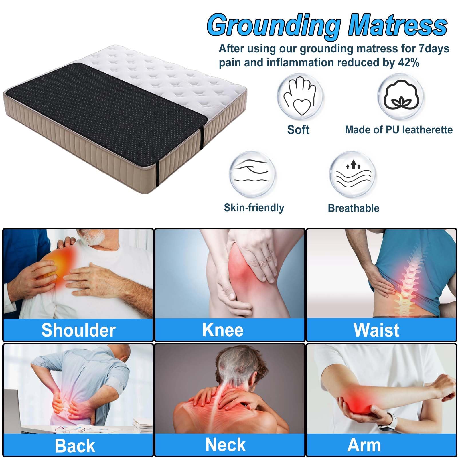 Grounding Mat for Bed, 27 x 71 Inch Breathable Grounding Mattress Cover Pad Grounding Mats for Improved Sleep & Wellness, Pain Relief, Energy, Inflammation, Includes Grounding Cord