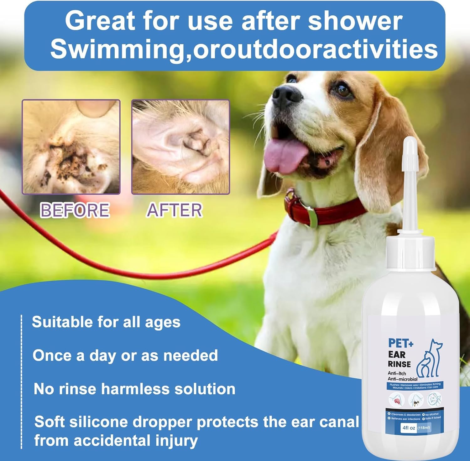 Dog Ear Cleaner - Dog Ear Inflammation Therapy with 0.012% Hypochlorous Acid for Itch Relief, Soothe Ear Inflammation, Removes Wax, Odor, with 30 Cotton Swabs, 4 Fl oz