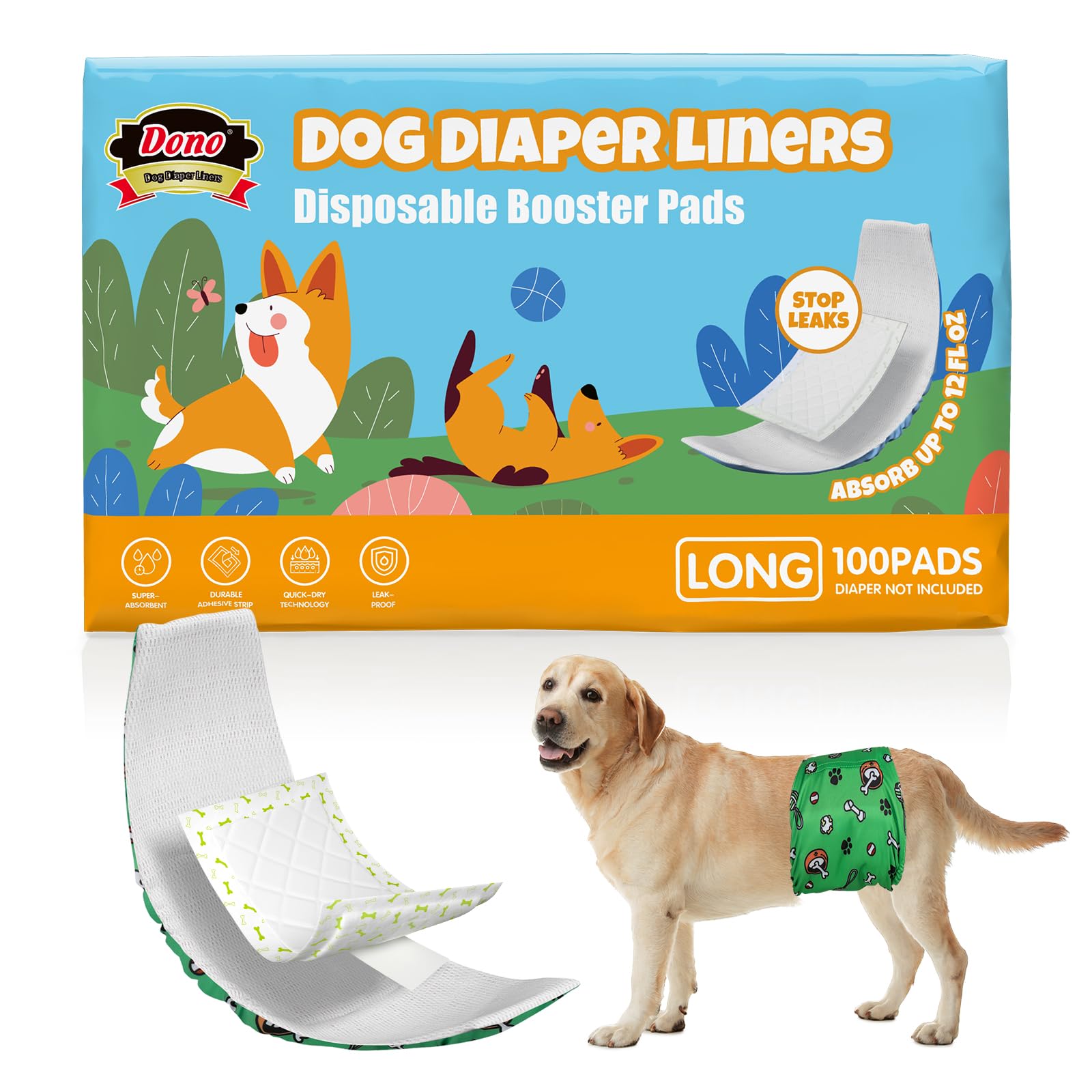 Dono Dog Diaper Liners for Male and Female Dogs, Super Absorbent Dog Booster Pads, 100ct Disposable Doggie Diaper Inserts fit Reusable Male Belly Bands, Wraps, Washable Period Panties (Long)