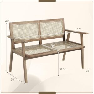 Tangkula Outdoor Teak Wood Garden Bench, 2-Person Patio Bench with Armrests, Rattan Backrest & Seat, Patio Garden Bench for Porch, Lawn, Balcony and Backyard, Natural