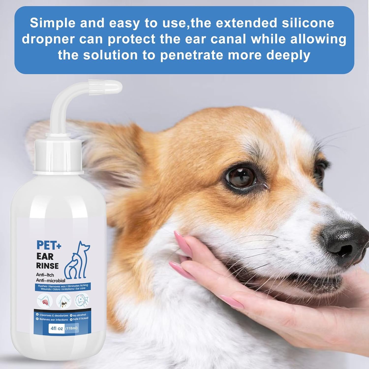 Dog Ear Cleaner - Dog Ear Inflammation Therapy with 0.012% Hypochlorous Acid for Itch Relief, Soothe Ear Inflammation, Removes Wax, Odor, with 30 Cotton Swabs, 4 Fl oz