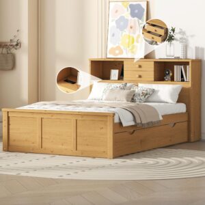 HoRunzelin Full Size Pltaform Bed with Storage Drawers,Twin Trundle,Bookshelf Headboard,Charging Station,Solid Wood Captains Bed with Shelves for Kids Boys Girls Teens, Natural