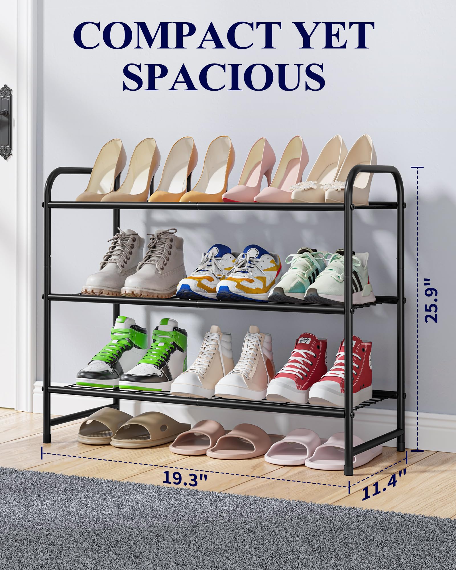 Kitsure Shoe Rack - Stainless Steel Shoe Organizer, Sturdy Shoe Rack for Closet and Front Door Entrance, Free Standing Shoe Shelf, Closet Organizers and Storage, Black