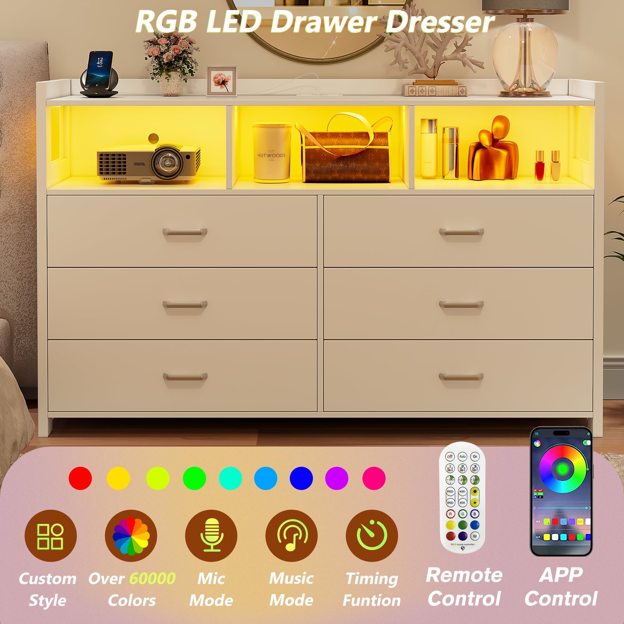 Alohappy 6 Drawer Dresser for Bedroom, LED Dresser Chest of Drawers with Power Outlets, Modern White Dresser for Bedroom, Living Room, Entryway, Hallway