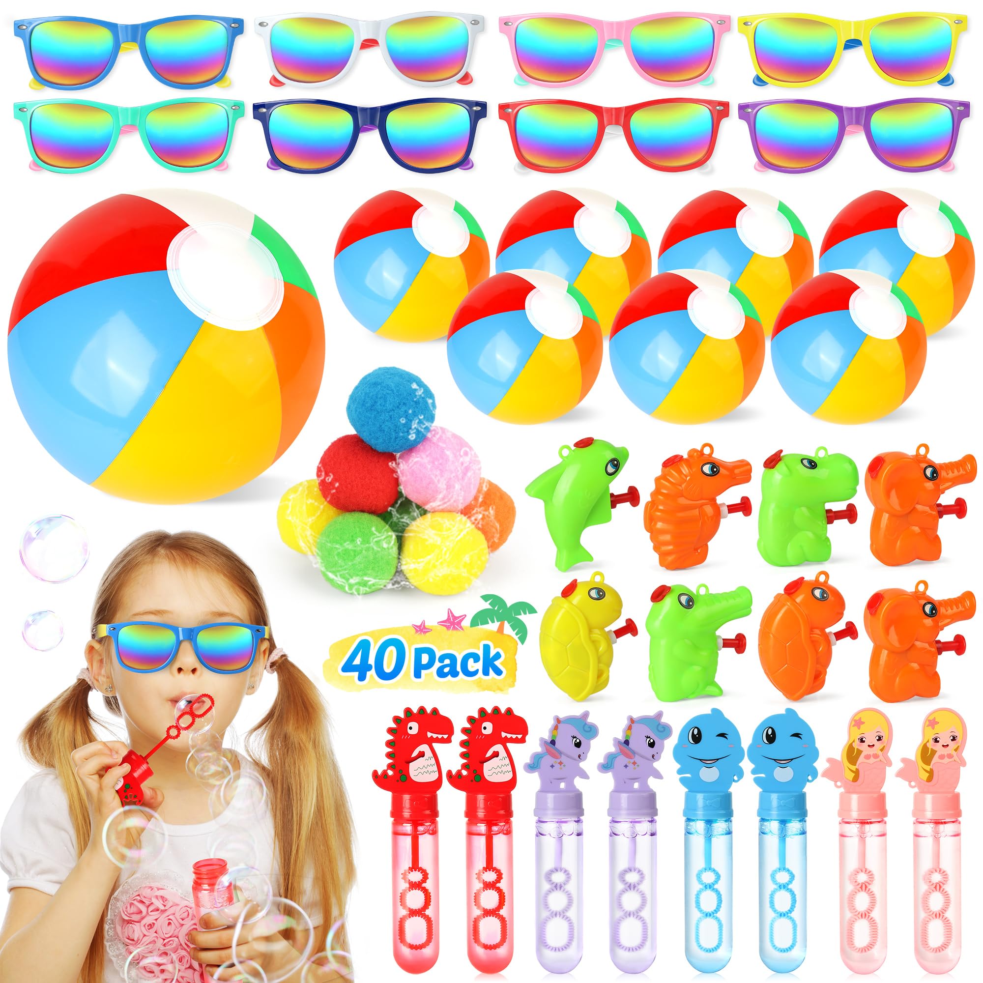 Mocoosy Beach Party Favors for Kids, 40 Pack Pool Party Favors Summer Water Toys Goody Bag Stuffers Including Beach Balls, Bubble Wands, Sunglasses Bulk for Birthday Party Supplies Outdoor Fun Play