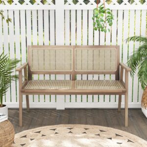 Tangkula Outdoor Teak Wood Garden Bench, 2-Person Patio Bench with Armrests, Rattan Backrest & Seat, Patio Garden Bench for Porch, Lawn, Balcony and Backyard, Natural