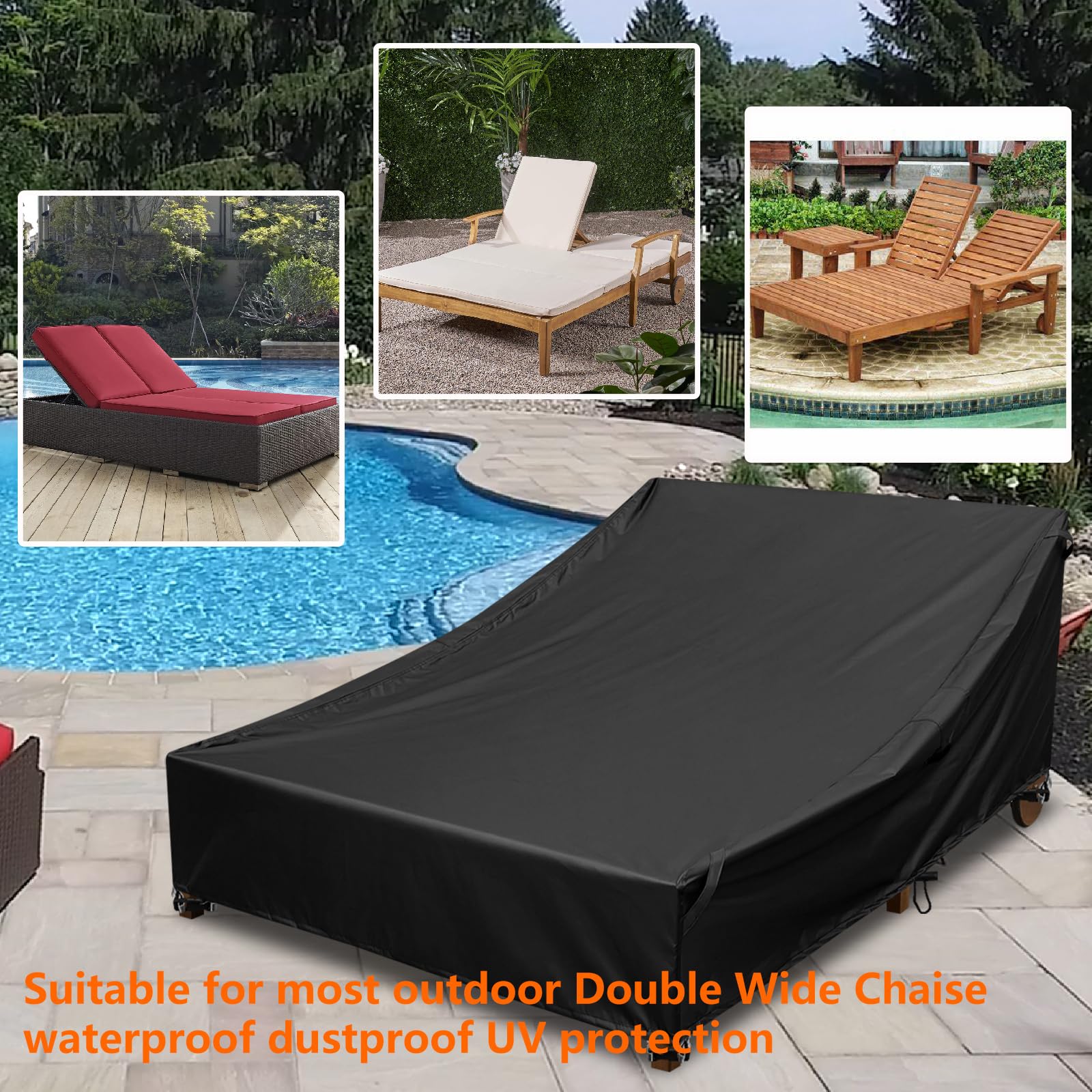 Patio Furniture Covers for double Chaise Lounge,100% Waterproof Lounge Chair Covers for Outside Patio Lounge Chair,Outdoor Couch Cover for Double Wide Wicker Daybed Chaise Lounge Chair (Black)