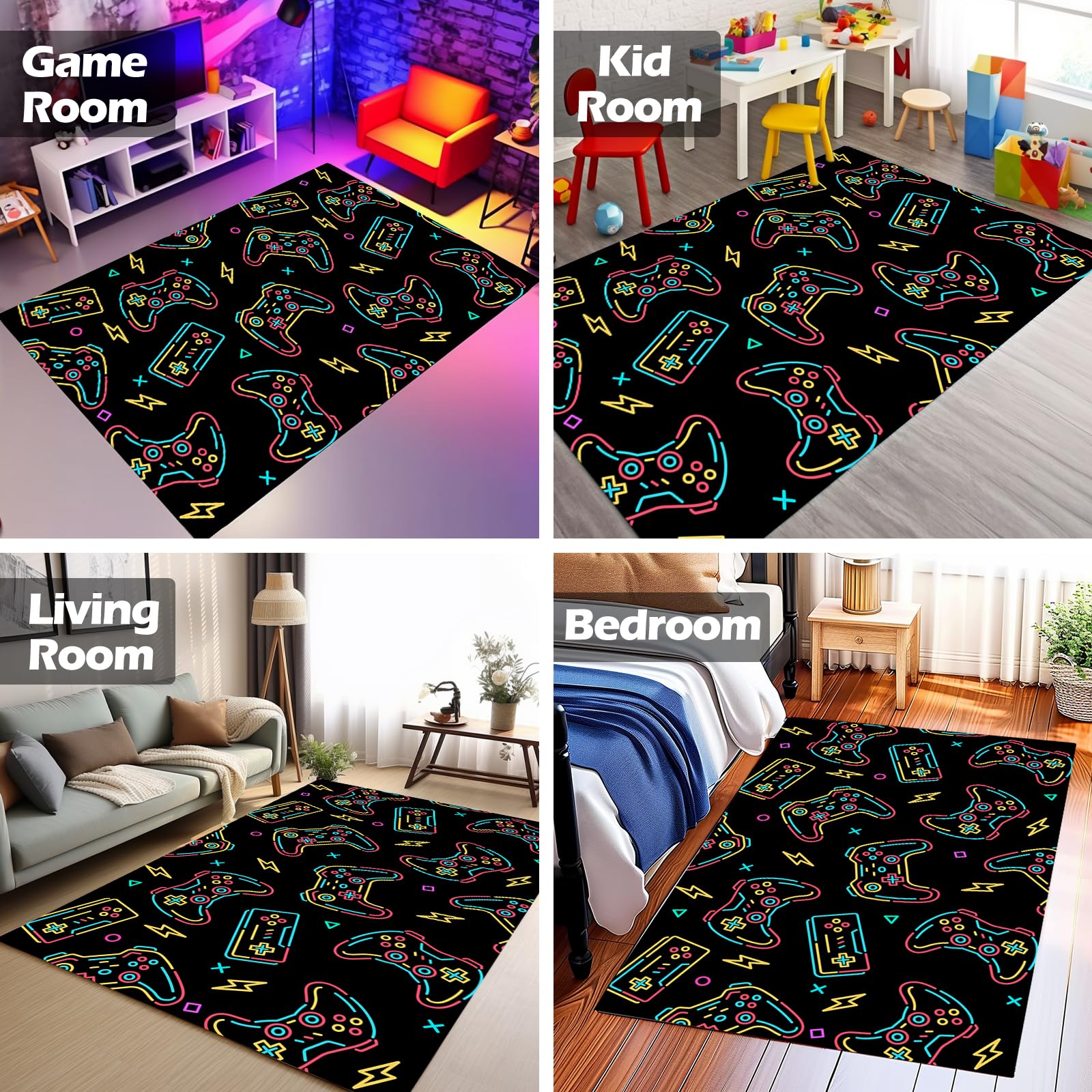 Osimiccp Gaming Rug for Boys Room,3'x5' Non Slip Neon Gamer Rug,3D Printed PlayStation Rug for Bedroom Living Room Gaming Room Decor