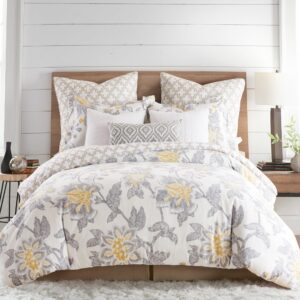 levtex home - reverie duvet cover set - full/queen duvet cover + two standard pillow cases - floral - yellow, grey, and white - duvet cover (90 x 94in.) and pillow case (26 x 20in.) - cotton