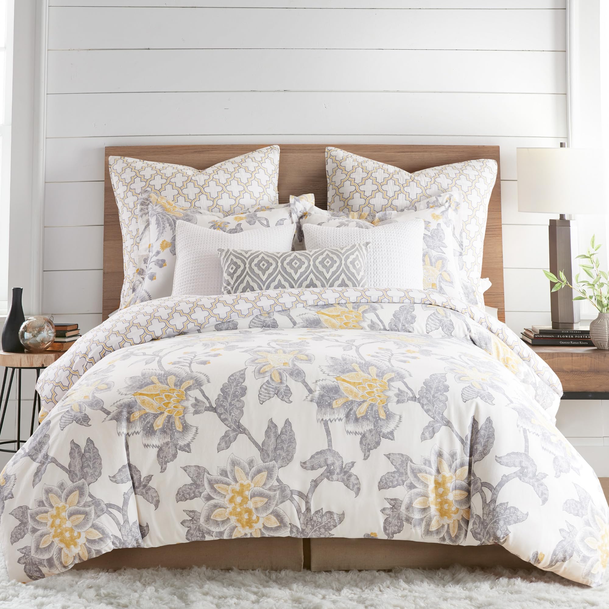 Levtex Home - Reverie Duvet Cover Set - Full/Queen Duvet Cover + Two Standard Pillow Cases - Floral - Yellow, Grey, and White - Duvet Cover (90 x 94in.) and Pillow Case (26 x 20in.) - Cotton