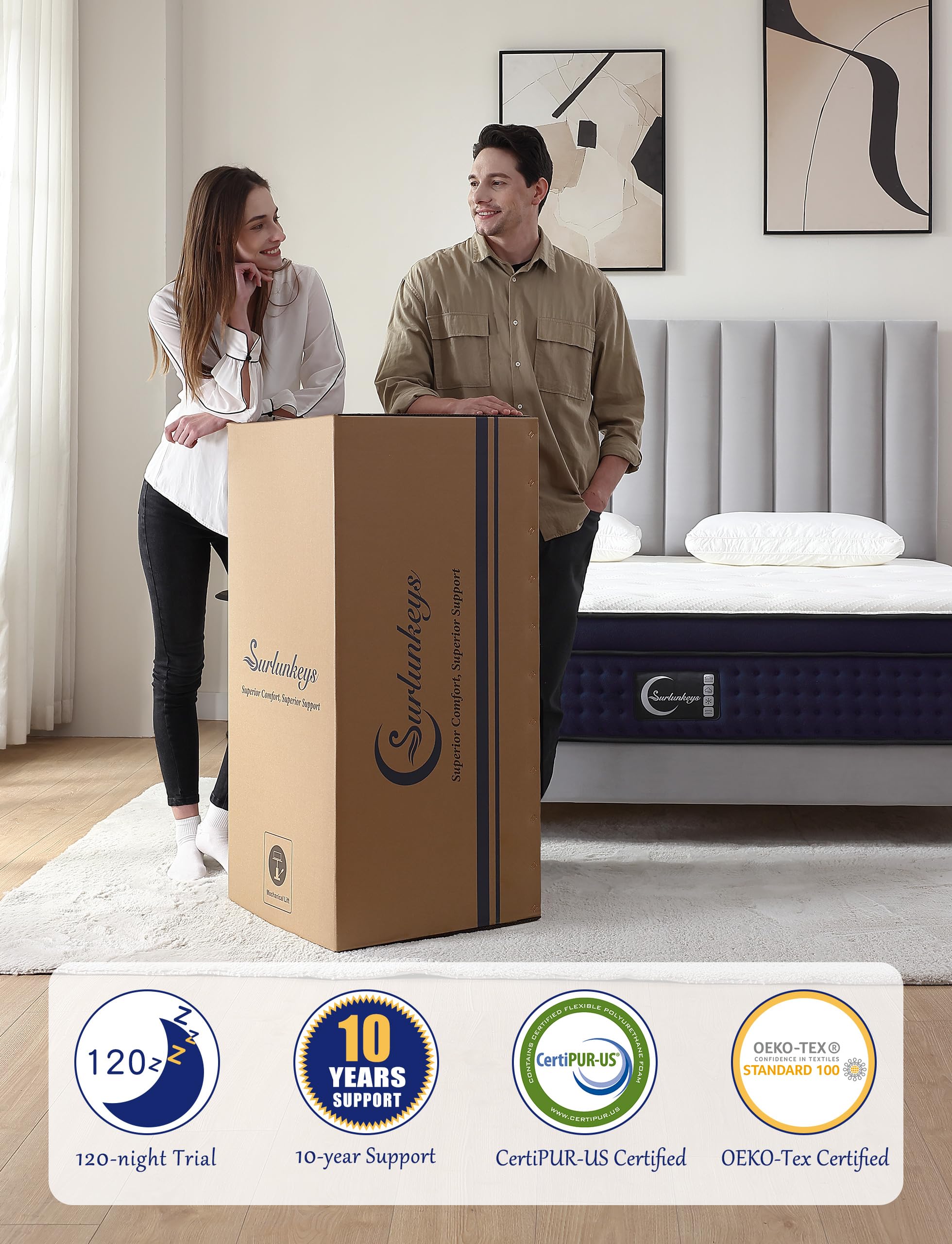 SURLUNKEYS 14 Inch Cal King Mattress - Euro Top Memory Foam Hybrid Mattress with Pocket Spring for Motion Isolating, Medium Firm Mattress in a Box, 120-night Trial