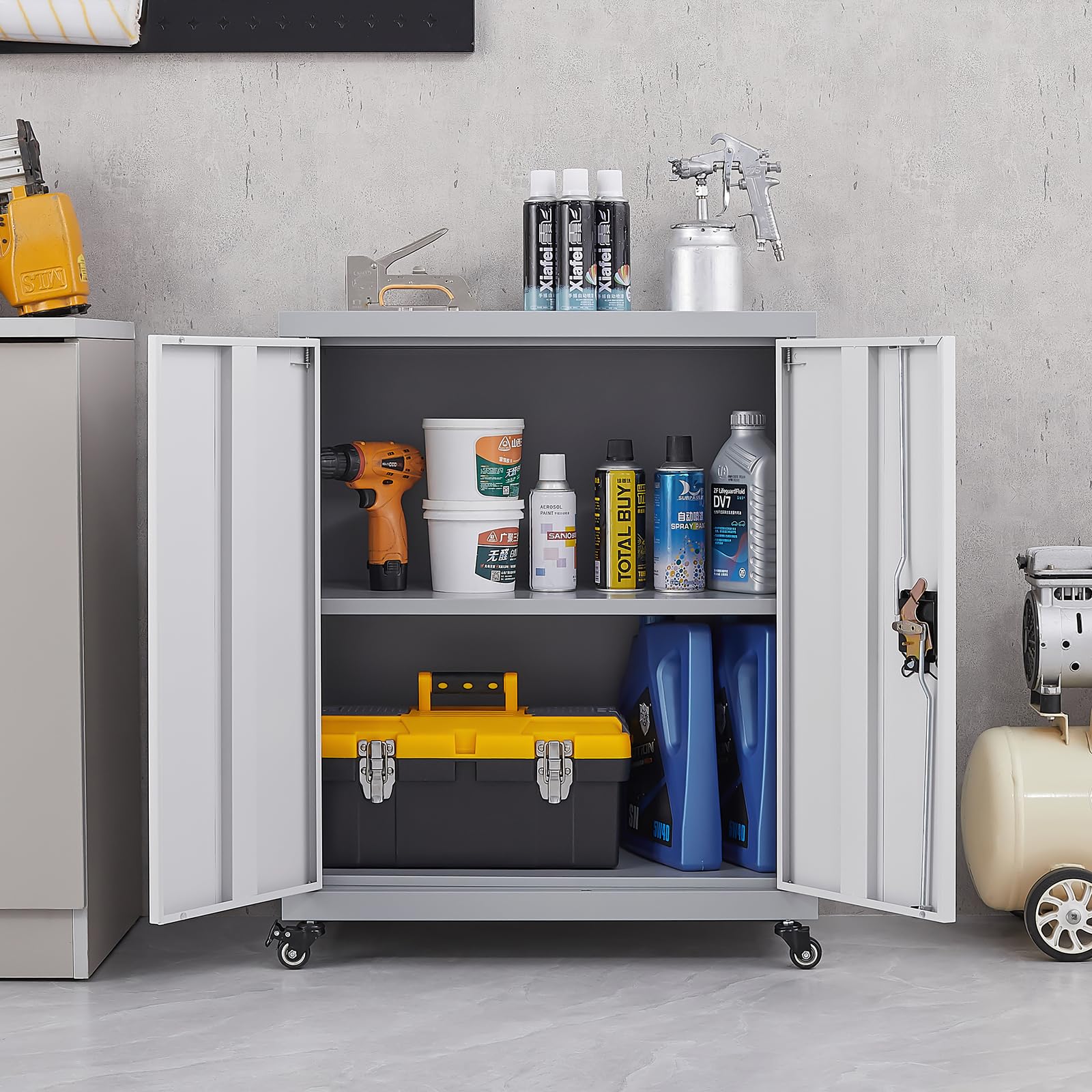 LUCYPAL Garage Storage Cabinet with Lockable Doors, Metal Storage Cabinet with Adjustable Shelf, Tool Cabinet with Wheels for Garage Office Home, Kitchen,Living Room,Grey