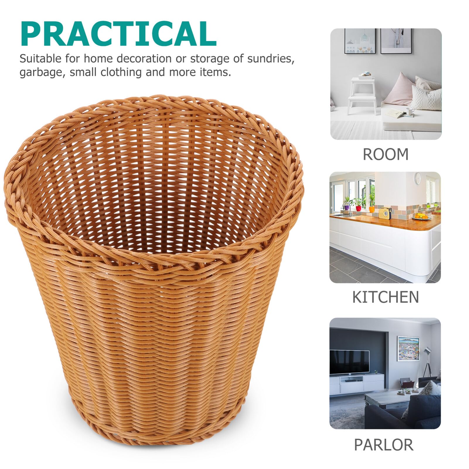 ABOOFAN Round Rattan Waste Baskets Wicker Woven Trash Can Rustic Garbage Containers Bin Flower Baskets for Home Bathroom Kitchen Office Brown