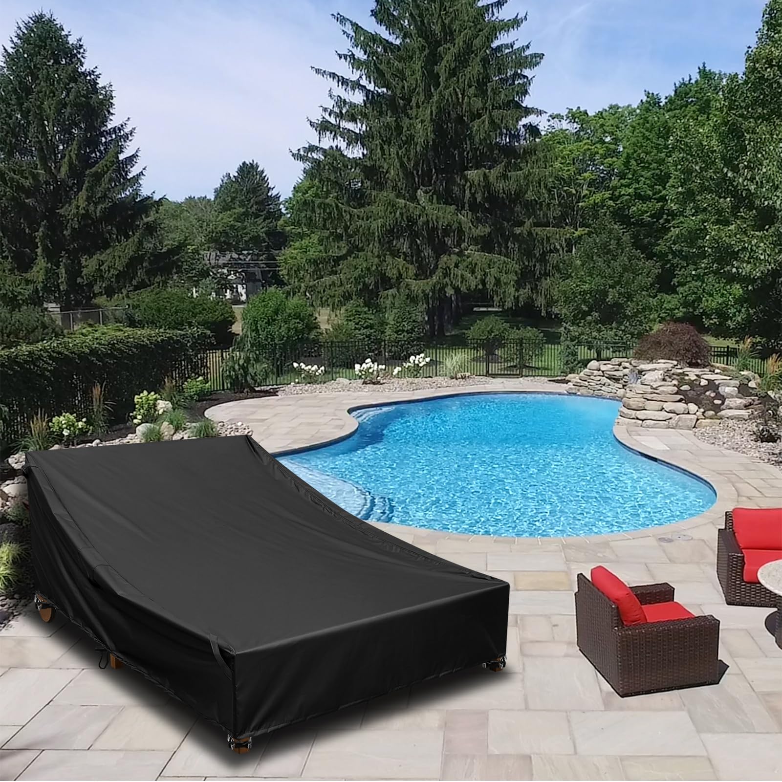 Patio Furniture Covers for double Chaise Lounge,100% Waterproof Lounge Chair Covers for Outside Patio Lounge Chair,Outdoor Couch Cover for Double Wide Wicker Daybed Chaise Lounge Chair (Black)