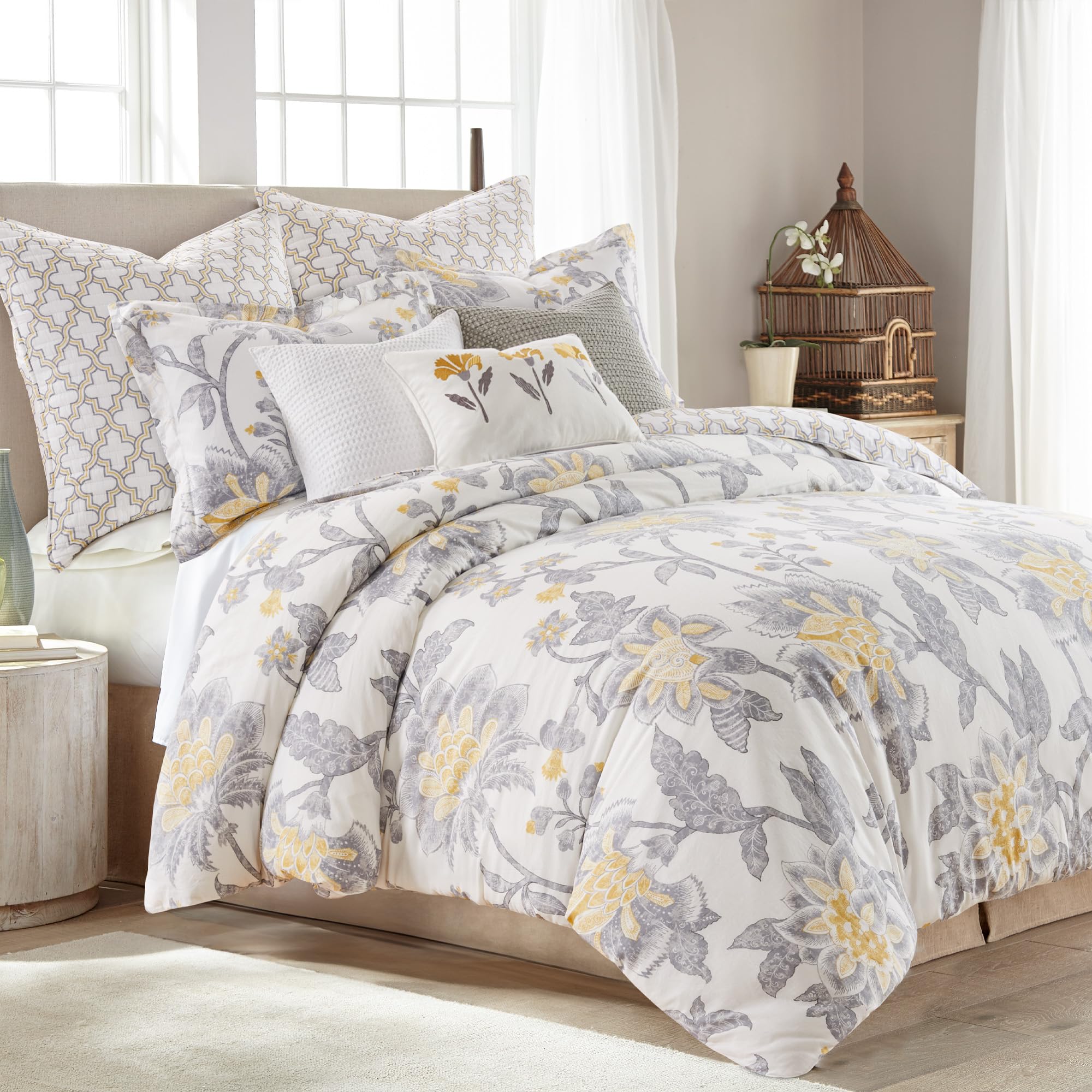 Levtex Home - Reverie Duvet Cover Set - Full/Queen Duvet Cover + Two Standard Pillow Cases - Floral - Yellow, Grey, and White - Duvet Cover (90 x 94in.) and Pillow Case (26 x 20in.) - Cotton