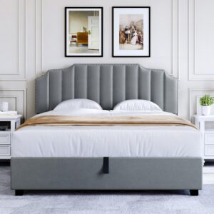 DWVO Full Size Lift Up Storage Bed Frame with Adjustable Upholstered Platform Headboard, Sturdy Wood Slats & Metal Base Support, Noise-Free No Box Spring Needed, Fast Assembly, Velvet, Grey