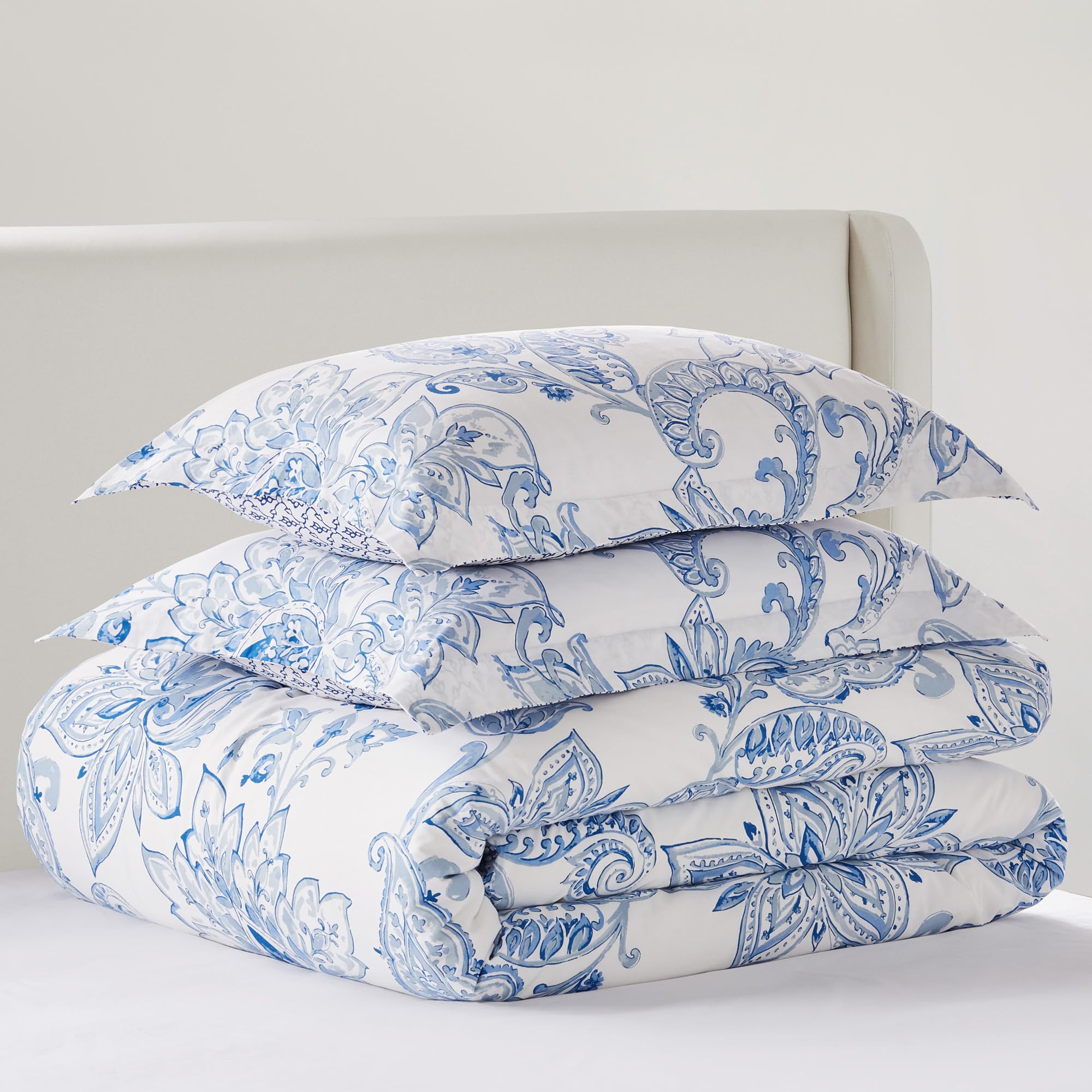 Levtex Home - Bennett Duvet Cover Set - King Duvet Cover + Two King Pillow Cases - Floral Paisley - Blue and White - Duvet Cover (106 x 94in.) and Pillow Case (36 x 20in.) - Cotton