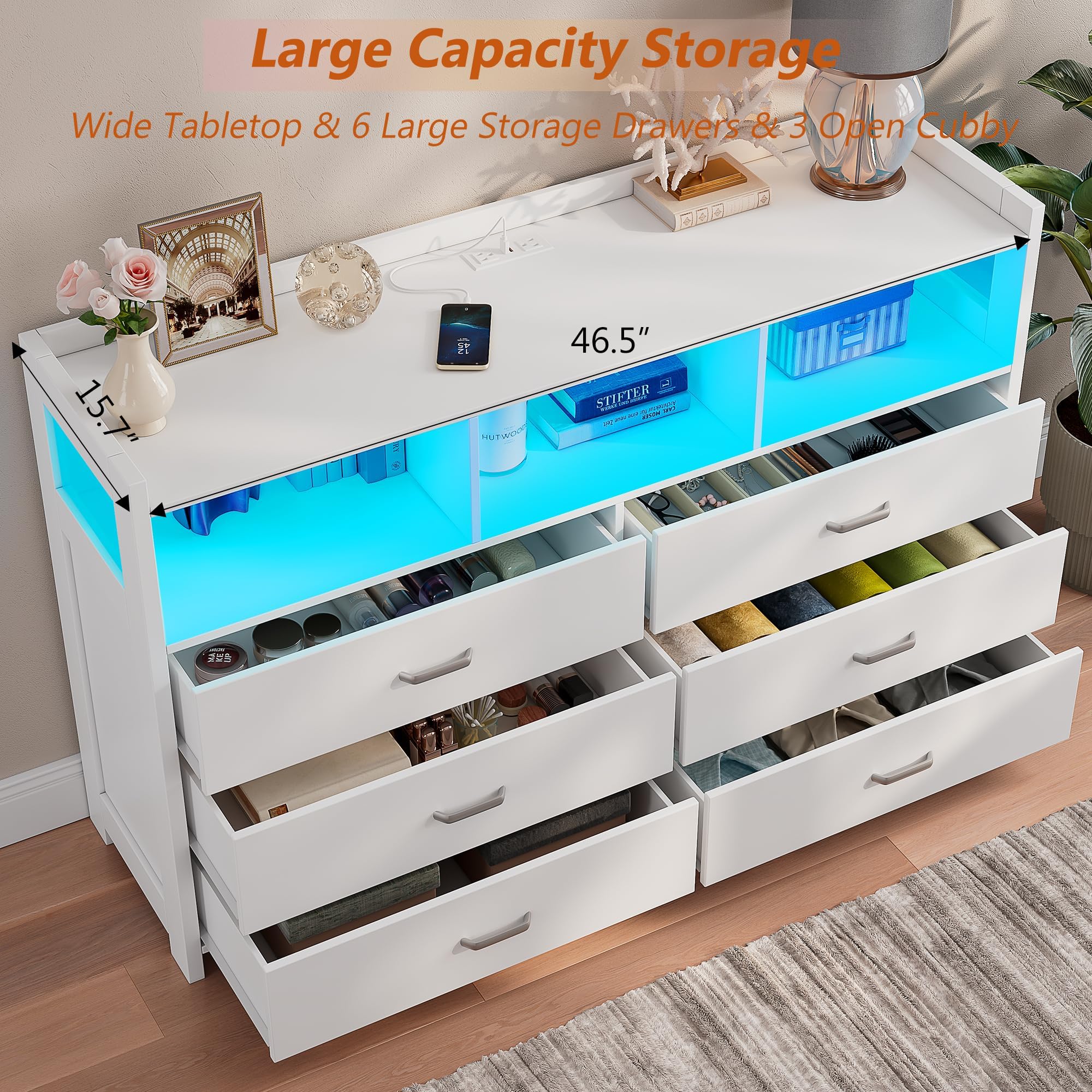 Alohappy 6 Drawer Dresser for Bedroom, LED Dresser Chest of Drawers with Power Outlets, Modern White Dresser for Bedroom, Living Room, Entryway, Hallway