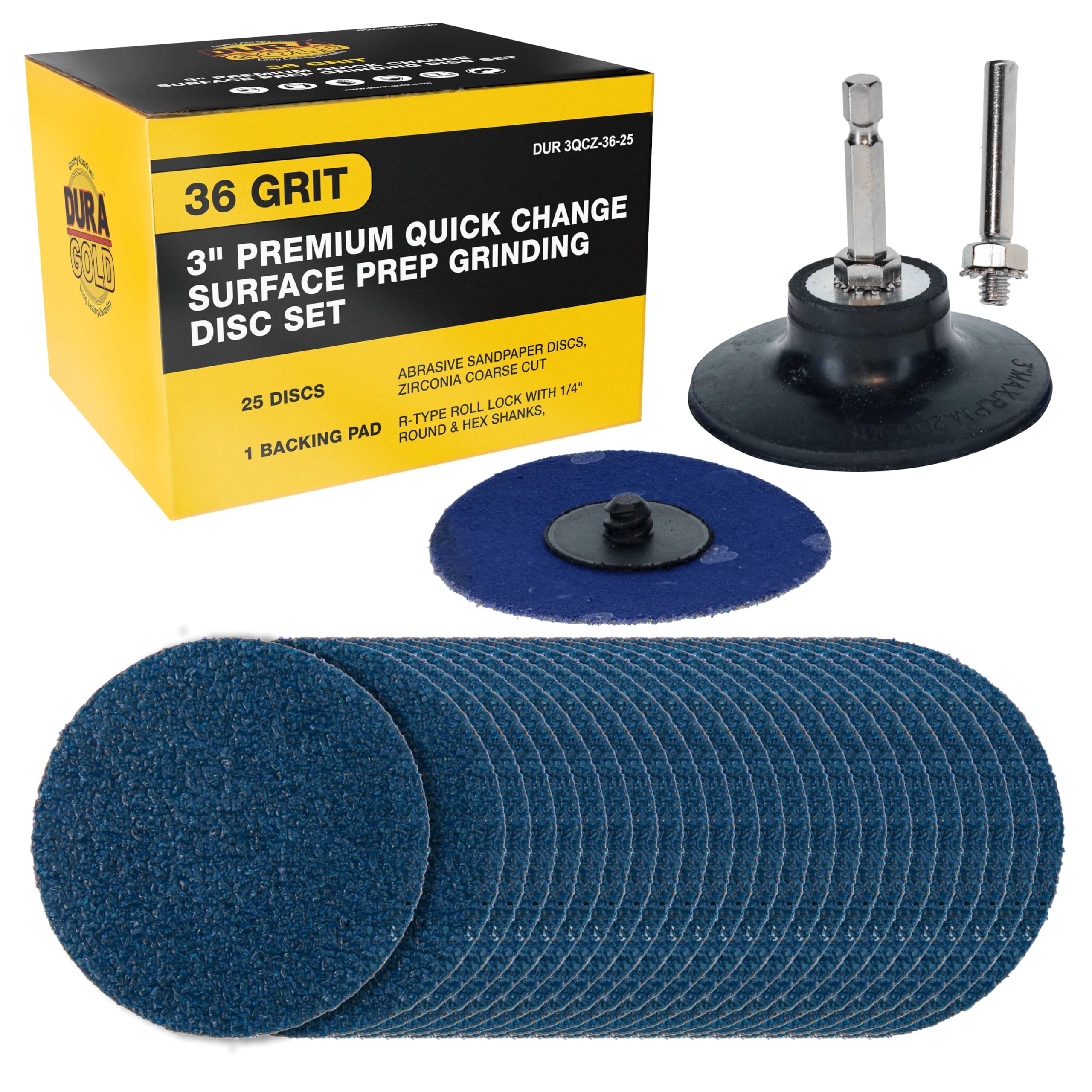 Dura-Gold 3" 36 Grit Quick Change Zirconia Coarse Cut Grinding Disc Set, 25 Discs & Backing Pad - R-Type Roll Lock Sandpaper Discs