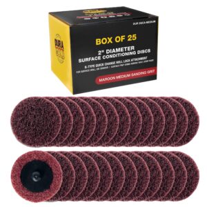 dura-gold 2" diameter surface conditioning discs maroon medium sanding grit (box of 25) - r-type quick change roll lock connection