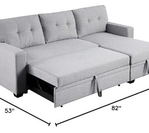 LOVMOR 82 inch Convertible L Shaped Sleeper Sectional Sofa Linen with Storage Chaise, Pull Out Bed,Reversible Corner Couch Design, Light Grey-1