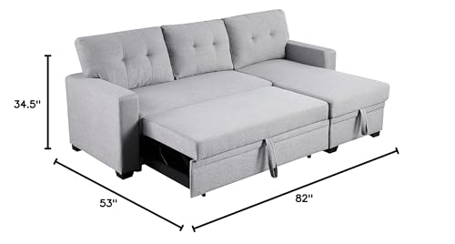 LOVMOR 82 inch Convertible L Shaped Sleeper Sectional Sofa Linen with Storage Chaise, Pull Out Bed,Reversible Corner Couch Design, Light Grey-1