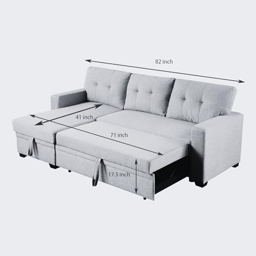 LOVMOR 82 inch L-Shape Sofa Sectional Couch Convertible Sleeper with Storage Chaise and Pull-Out Bed, Linen Upholstered Reversible Corner 3 Person Couch, for Living Room, Apartment