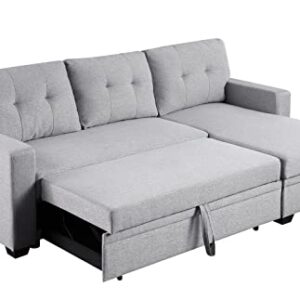 LOVMOR 82 inch Convertible L Shaped Sleeper Sectional Sofa Linen with Storage Chaise, Pull Out Bed,Reversible Corner Couch Design, Light Grey-1