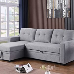 LOVMOR 82 inch Convertible L Shaped Sleeper Sectional Sofa Linen with Storage Chaise, Pull Out Bed,Reversible Corner Couch Design, Light Grey-1