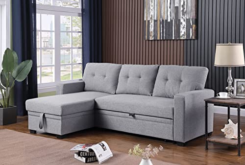 LOVMOR 82 inch Convertible L Shaped Sleeper Sectional Sofa Linen with Storage Chaise, Pull Out Bed,Reversible Corner Couch Design, Light Grey-1