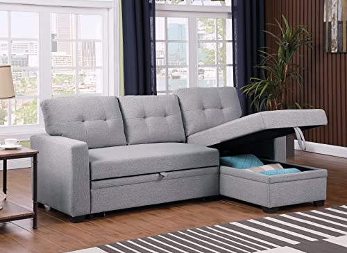 LOVMOR 82 inch Convertible L Shaped Sleeper Sectional Sofa Linen with Storage Chaise, Pull Out Bed,Reversible Corner Couch Design, Light Grey-1