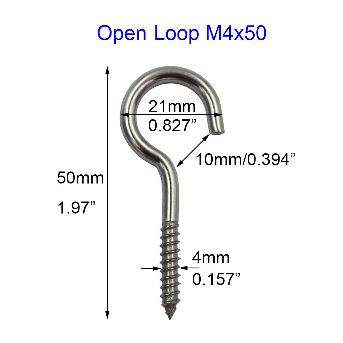 Megoto 8pcs 0.157-1.97 Inch 304 Stainless Steel Screw-in Hooks Eye Bolt Ceiling Hook Tapping Screw Hanger (Open Loop M4x50)