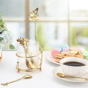 ELLDOO Coffee Spoon Set, Clear Glass Holder with 8 Stainless Steel Gold Leaf Coffee Spoons, Creative Flatware Set for Stirring, Mixing, Sugar, Ice Cream, Cake (8 x Spoons)