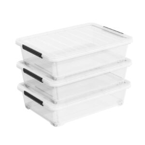 Afromy 3 Pack 20 Qt Wheeled Latching Storage Box, Stackable Underbed Bin with Latch Lid, Clear